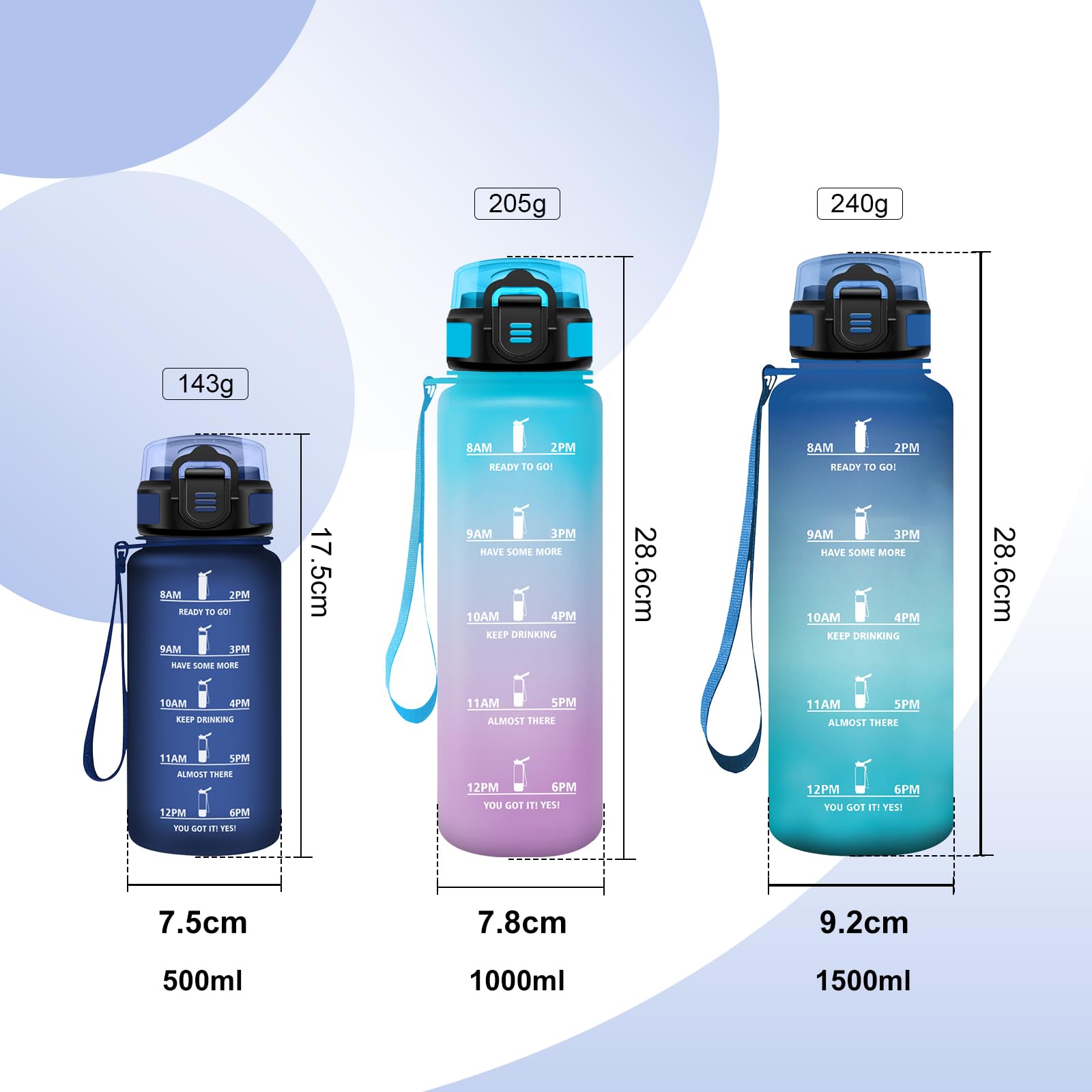 JAPORIA Borraccia 500ml, a Prova di Perdite, Bottiglia Motivazionale con Cannuccia, Indicatore Tempo, per Campeggio, Scuola, Ufficio, Lavoro