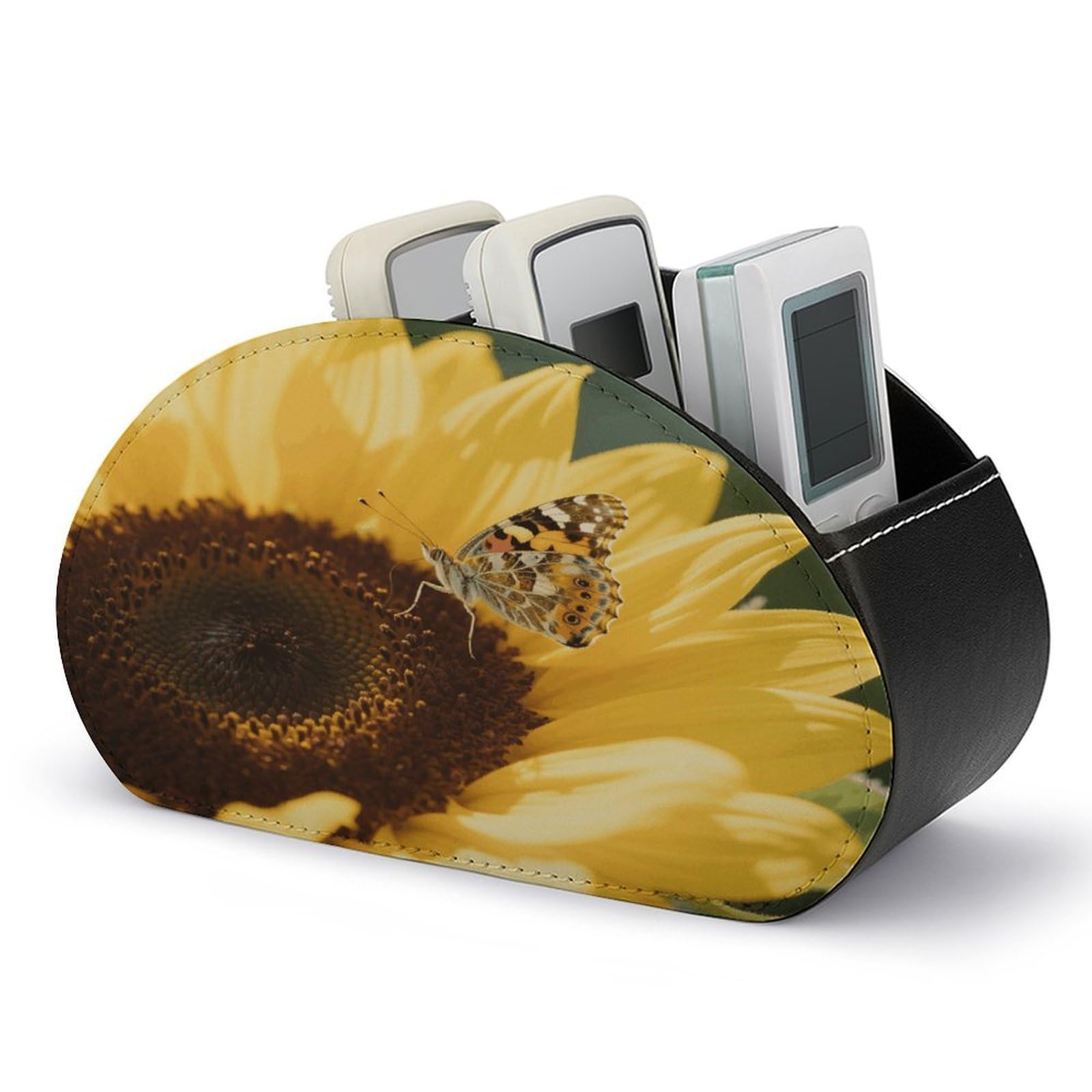 VstaDank - Sunflower Remote Control Holder PU Leather Multifunctional Office Organizer Brush Holder Desktop Storage with 5 Compartments Player Box