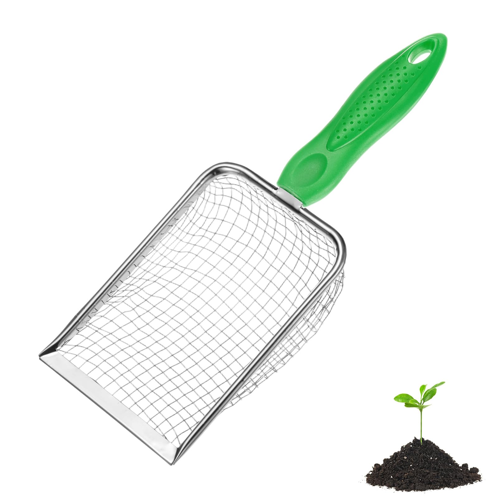M METERXITY 1-Pack Gardening Soil Sifter, 5 mm Mesh Stainless Steel Portable Gardening Sifter with Non-Slip Handle for Sand/Dirt/Rock/Compost [White, Green]