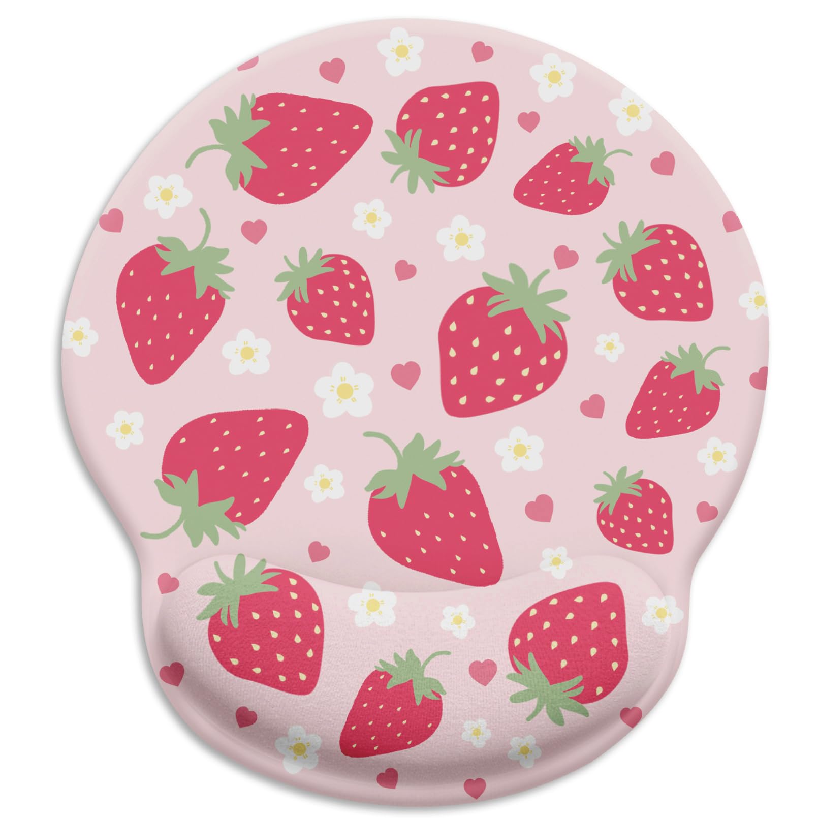 LIMKRIAN Pink Ergonomic Mouse Pad with Wrist Rest, Gaming Mousepad with Non-Slip Pain Relief PU Base, Cute Pink Strawberry Office Desk Accessories