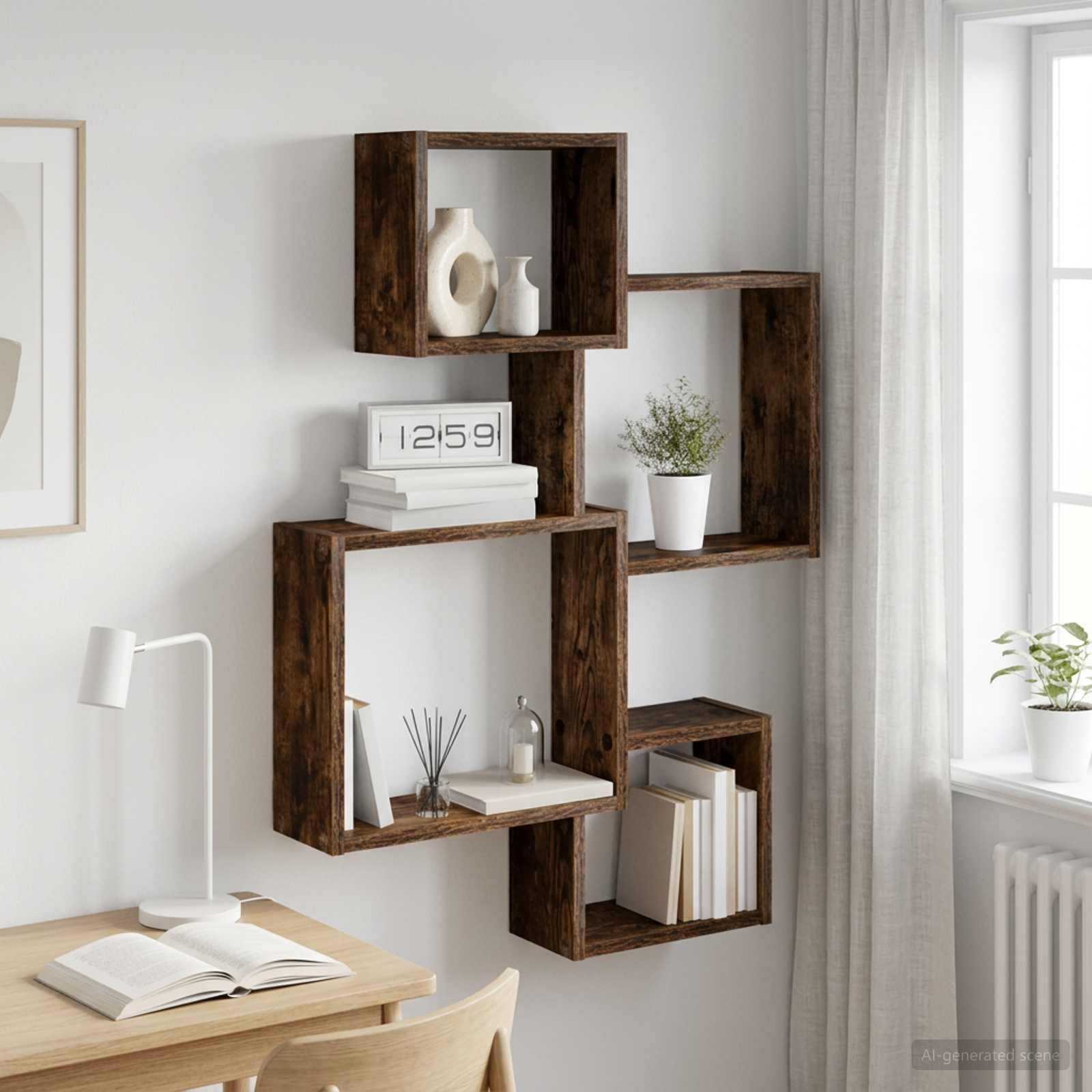 Regał ścienny na kostkę, uchwyt ścienny, dąb dymny, 64 x 13,5 x 91,5 cm, z materiału drewnopochodnego, wiszący regał do salonu i biura, zajmujący mało miejsca system ścienny