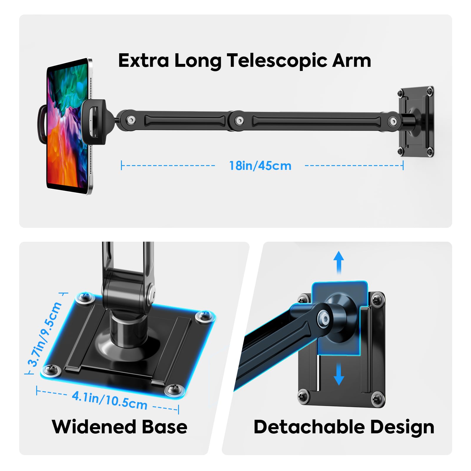 MoKo Soporte para Tablets Universal, Soporte para Tabletas Plegable y Extensible para Teléfonos y Tabletas de 4,7"-14", Soporte de Pared Ajustable 360° para Cocina, Gimnasio, Oficina, Aula, Negro