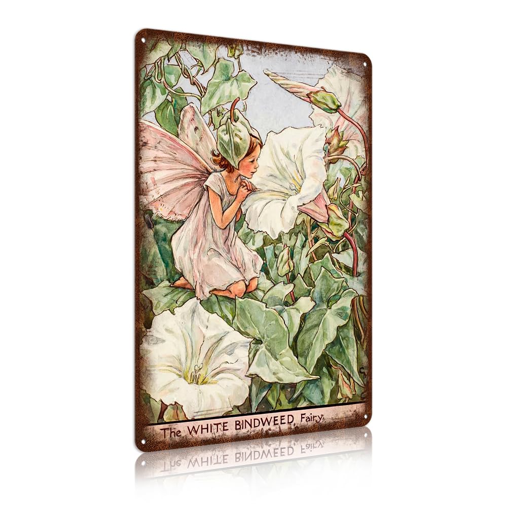 Flower Fairy Wall Decor Vintage Metal Tin Signs Fairy Garden Accessories - The White Bindweed