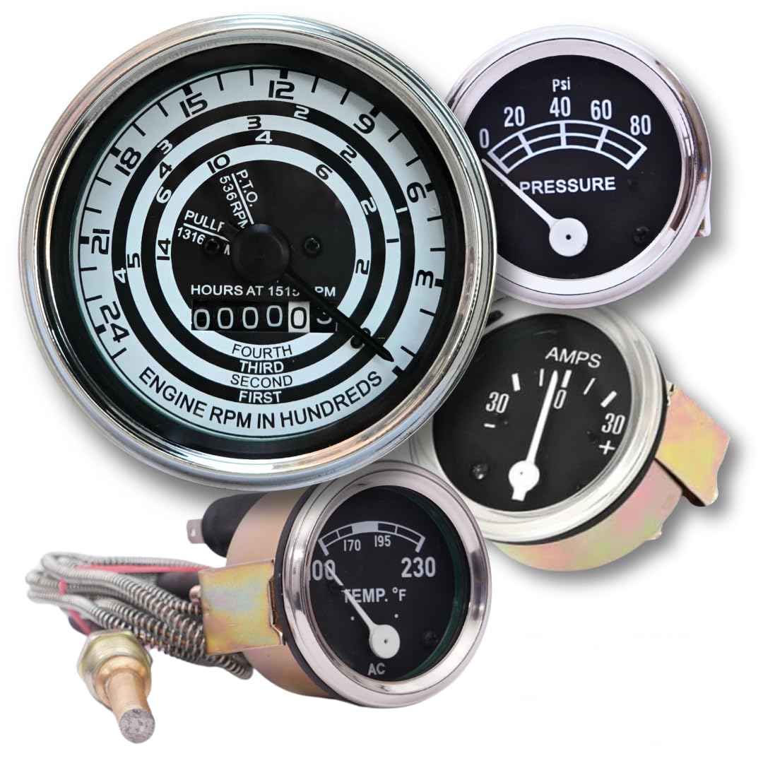 Fits in Ford Tractor Replacement kit Temp, Amp, Oil Pressure, Tach Gauge Set | Mod 600 800 900 1800 2000 4000 | Chrome Bezel | FD Gauges kit| Easy