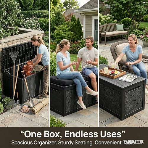 Image of 318 Gallon Large Resin Deck Box - Waterproof Outdoor Storage Chest for Patio Cushions, Garden Tools & Pool Supplies, UV-Resistant All-Weather Construction, Lockable Lid & Hydraulic Rods, Easy Assembly