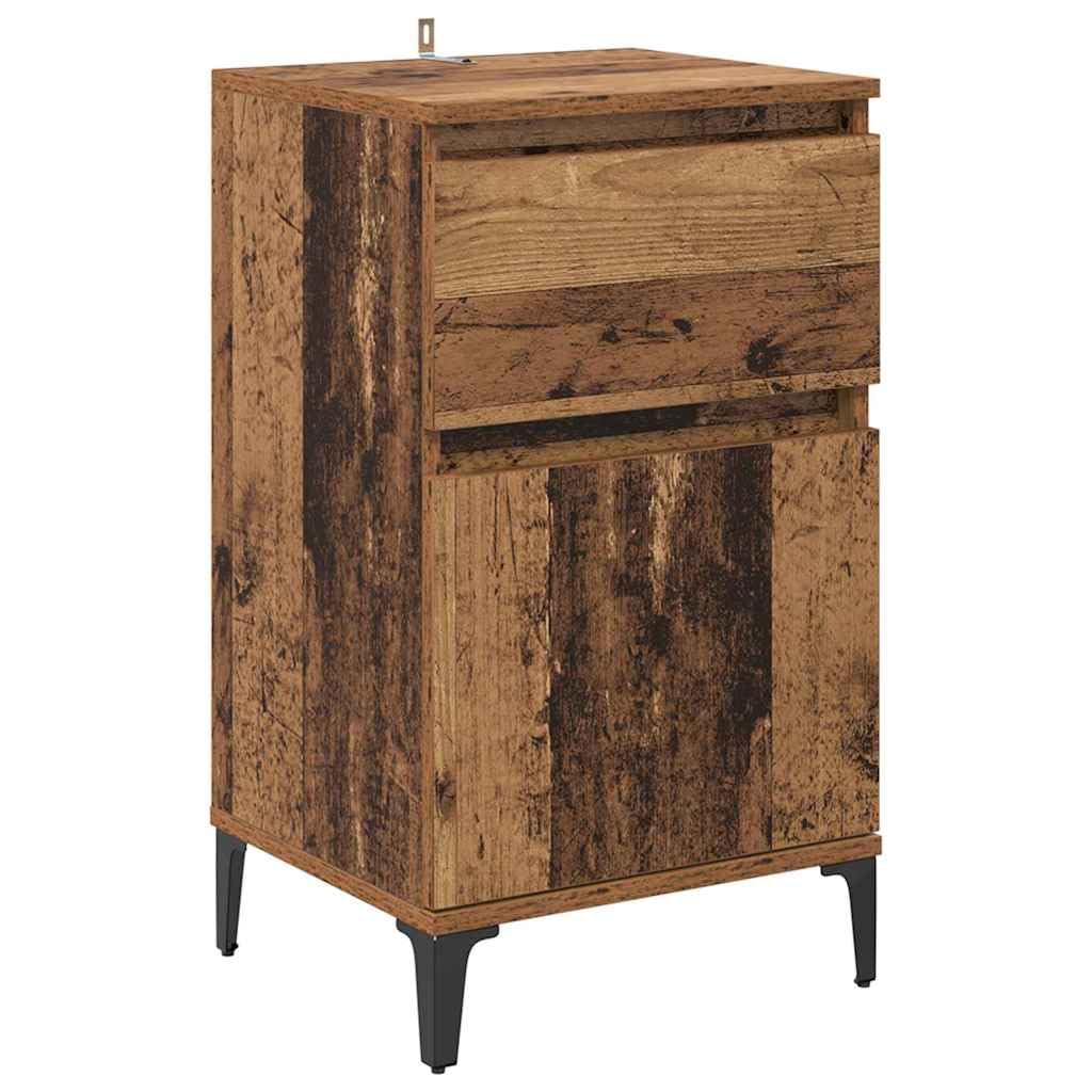 Juego de 2 mesitas auxiliares de madera con aspecto de madera envejecida | Mesas auxiliares compactas para el dormitorio con patas de acero resistentes y práctico cajón de diseño industrial.