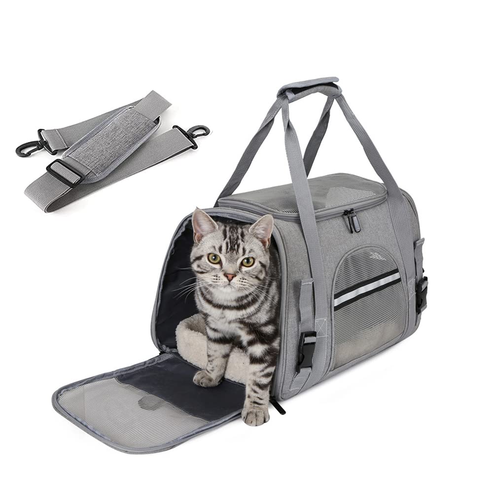 NeoStyle Cat Carrier,Premium Pet Carrier Soft Sided with Fleece Pad for Cat and Small Dogs,Portable Cozy Travel Pet Bag, Car Seat Safe Carrier (43 * 25 * 28cm, Gray(with Fluff cushion))