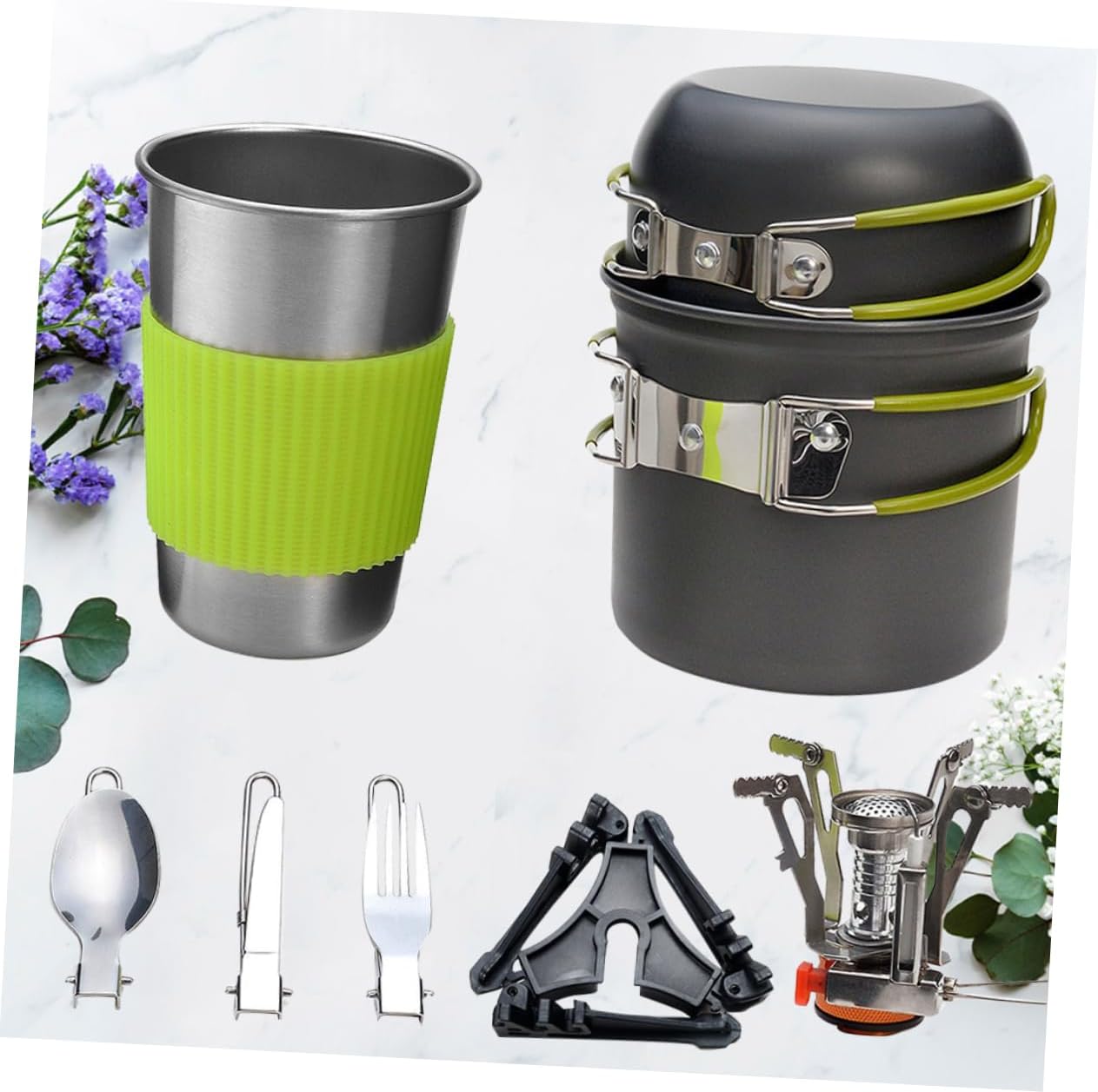 Gas Furnace Pot Set Camping Cookware for Outdoor Activities Lightweight Picnic Cooking Equipment Green Handle for Hiking and Family Gatherings