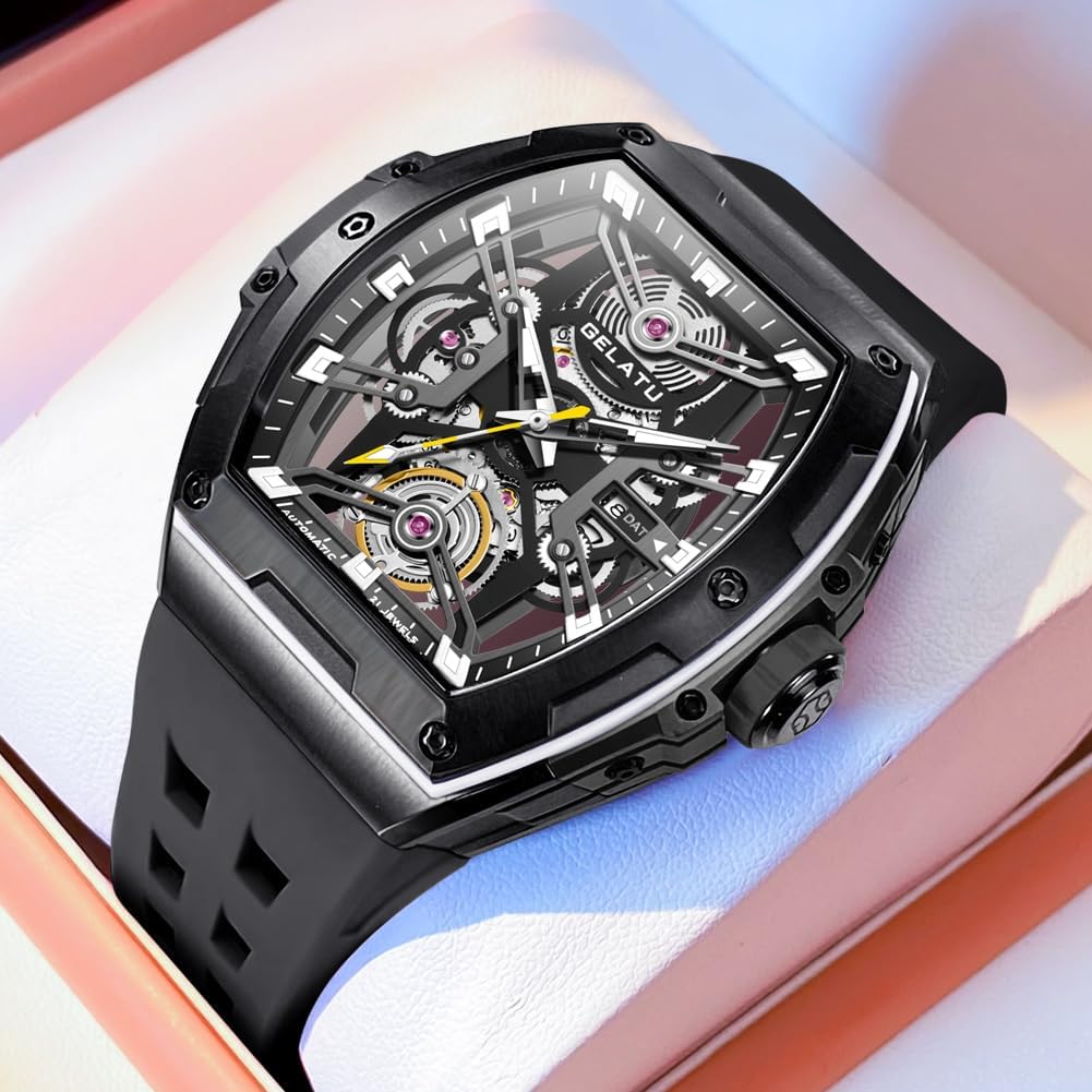 OLEVS Gelatu Herren-Armbanduhr, automatische Tonneau-Uhr, Skelett, mechanisch, 50 m, wasserdicht, Saphirglas, quadratisch, Weiß/Schwarz/Roségold