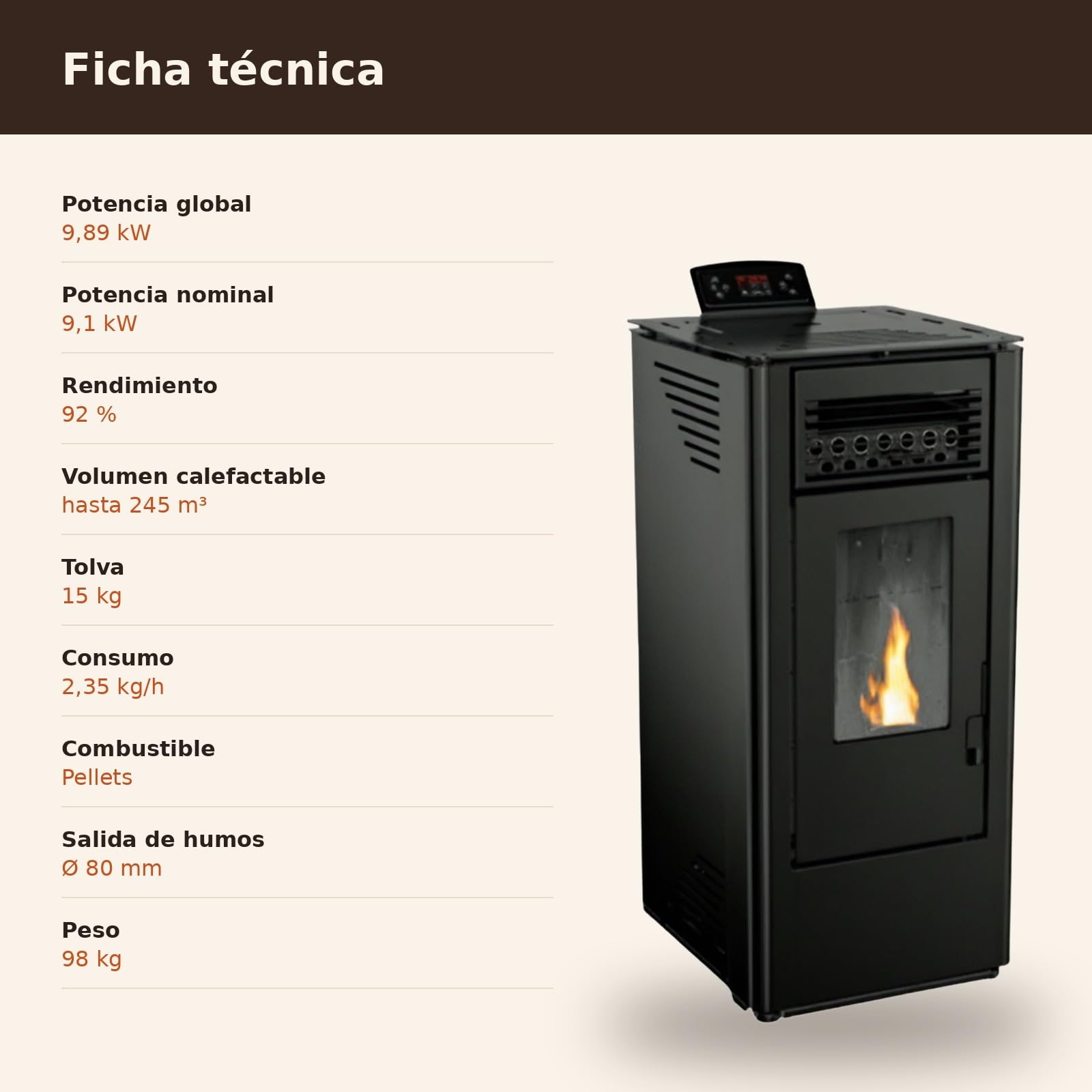 EIDER BIOMASA Estufa de Pellets KING 10 – 9,89 kW – Rendimiento 92% – Hasta 245 m³ – Tolva 15 kg – Programable WiFi – Encendido Rápido – Clase A+