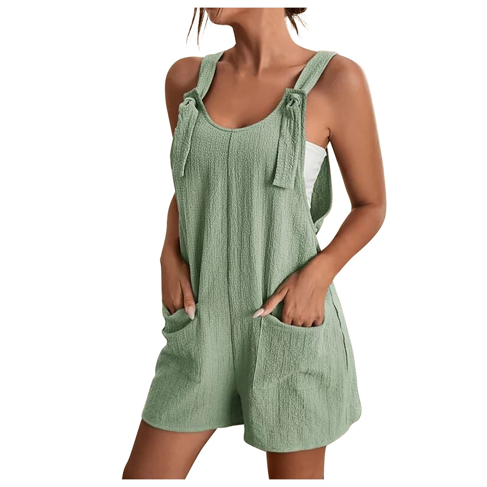 Mittory2023 Women's Summer Casual Shorts Jumpsuit Plain Scoop Neck Trendy Sleeveless Tank Top Loose Fit Rompers with Pockets