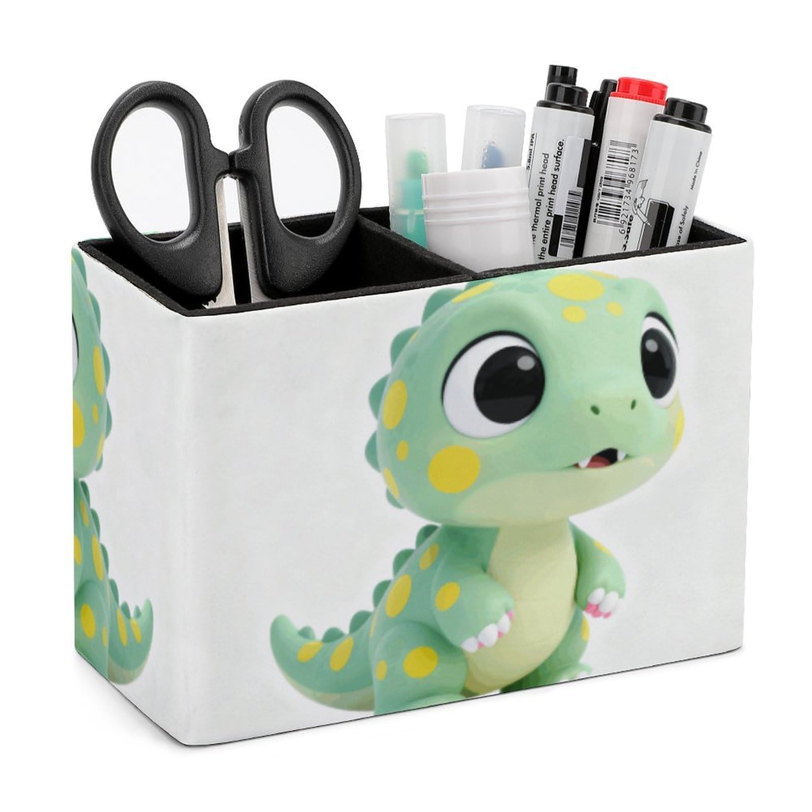 LZQPOEAS Exquisite Patterns PU Leather Pen Holder, Multifunctional Desktop Organizer Caddy with 2 Compartments, Cute Dinosaur Pencil Cup Makeup Brush Holder for Office Home