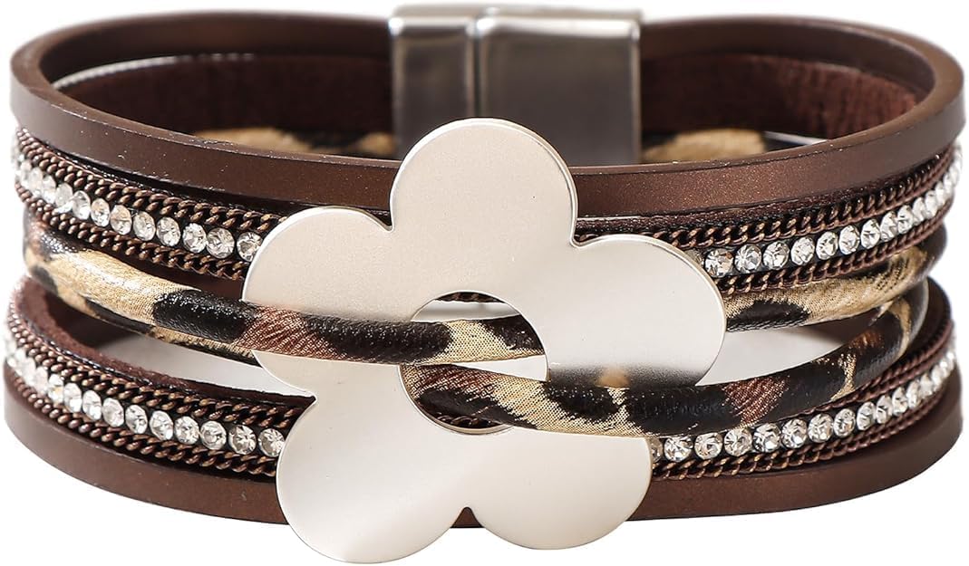 Flower Charm Wrap PU Leather Bracelet for Women Lady Trendy Multi-Layer Cuff Bracelet Handmade Bracelets Jewelry