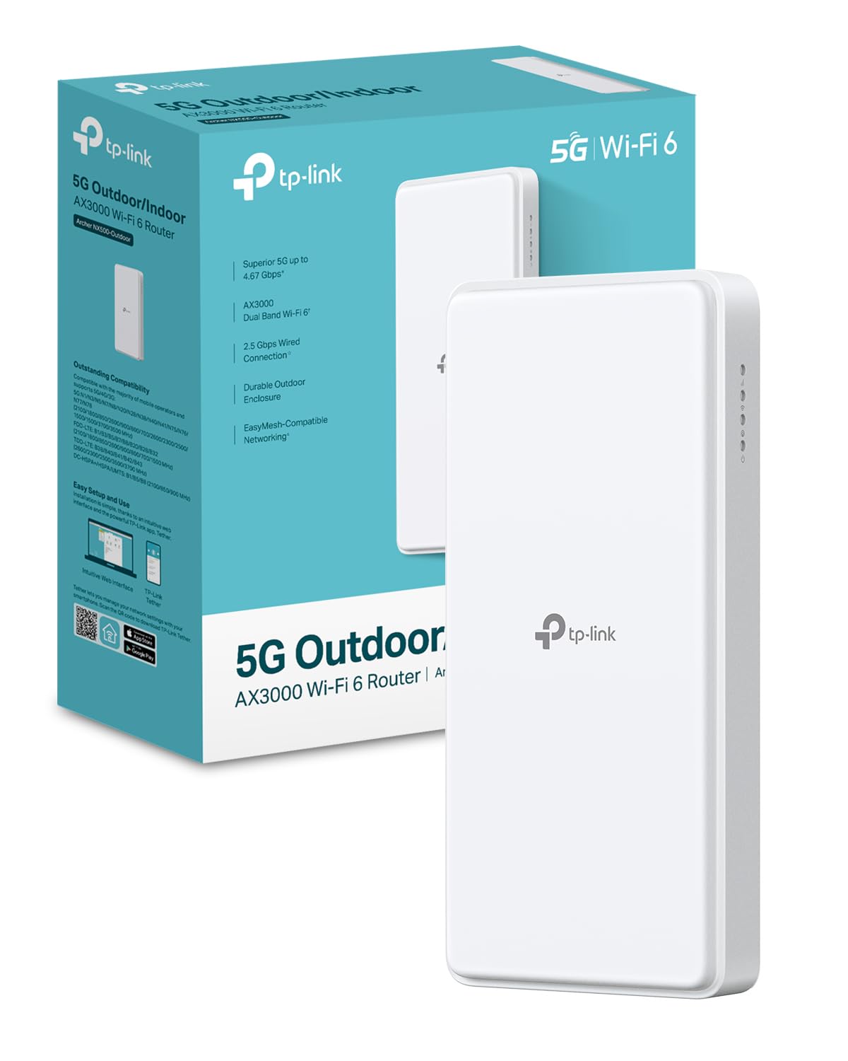 TP-Link Archer NX500-Outdoor Router 5G avec SIM d'extérieur, WiFi 6 AX3000Mbps Dual Band, 5G jusqu'à 4,67 Gbps, connecte 200+ appareils, Port 2,5 GE, PoE passif/802.3af/at, IP66, Montage Facile