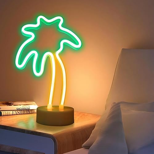 Miniatura 2 de ENUOLI Letreros de neón de palmera de coco LED con batería, alimentados por USB, luz de neón con base de soporte para suministros de fiesta,
