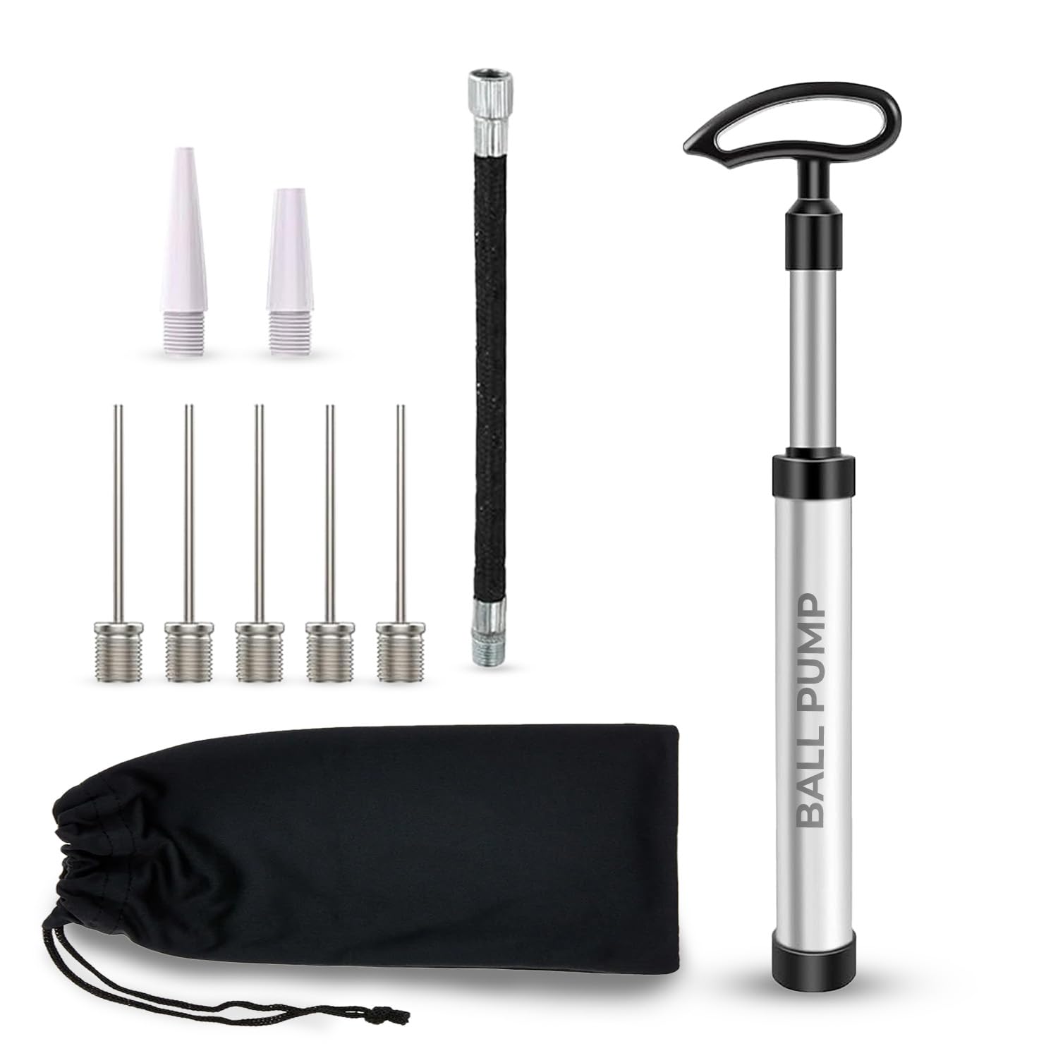 Scott 11 Ball Pump with 5 Needles, 2 Conical Plastic Nozzles & 1 Flexible Rubber Extension Hose, Suitable for Footballs, Basketballs, Volleyballs, Rugby Balls and More (Silver)