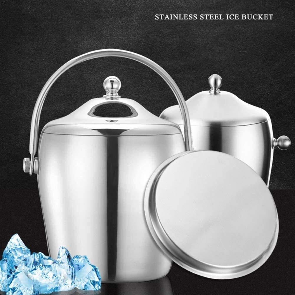 Cubo de hielo de acero inoxidable con aislamiento de doble pared, cubo de hielo portátil para champán y vino, cubo de hielo de doble pared con pinzas para hielo, enfriador de vino plateado, tina