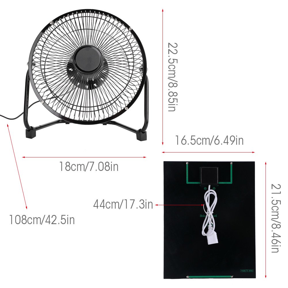 Tbest large solar fan, Mini Ventilateur USB Portable Panneau Solaire Ventilateur Électrique 5.2W 6V replacement pour Cam Bureau À La Maison En Plein Air Voyager Pêche 8 Pouce
