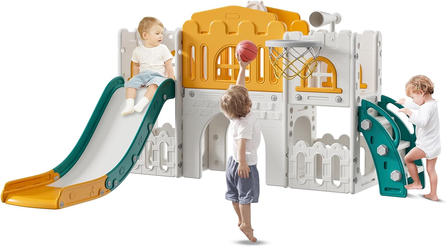 9 in 1 Toddler Slide,Kids Slide Playset for Toddler,Indoor Outdoor Slide Toddler Playset with Ball & Hoop, Storage Space and Non-Slip Steps,Gift for Boys and Girls 1-6 Years (Green Orange)