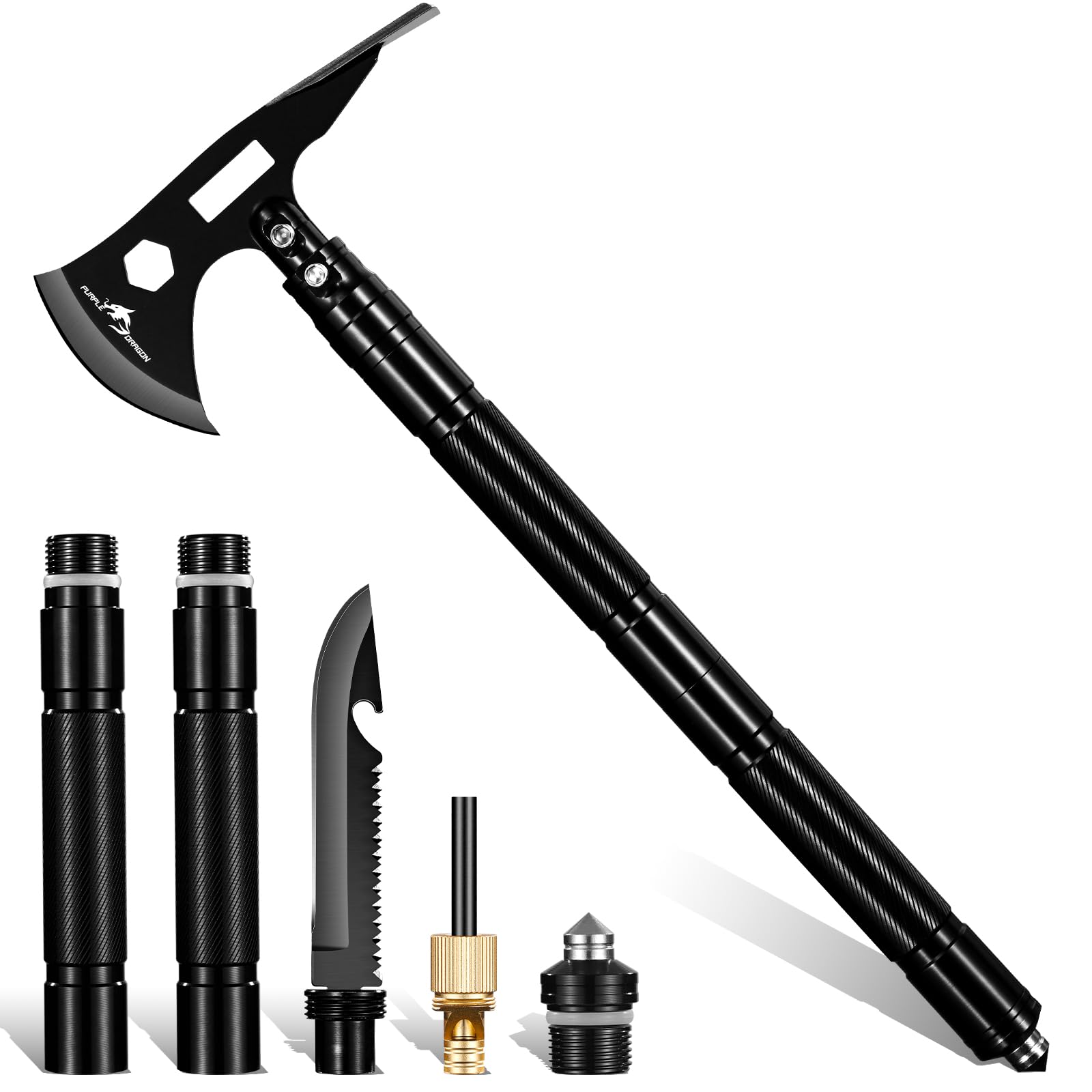 Purple Dragon Garten Axt 9 in 1, Survival Camping Axt mit Hacke, Multitool Tragbare Überlebensausrüstung mit Messer Outdoor, Scharfe Bushcraft Beil für Wandern