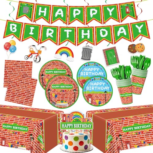 178pcs Red Brick Wall Street Plates Napkins Party Supplies Disposable Paper Cups Tableware Set Green Forks Modern Cartoon Street Birthday Party Decorations for Boys Kids Birthday Decor Serve 24