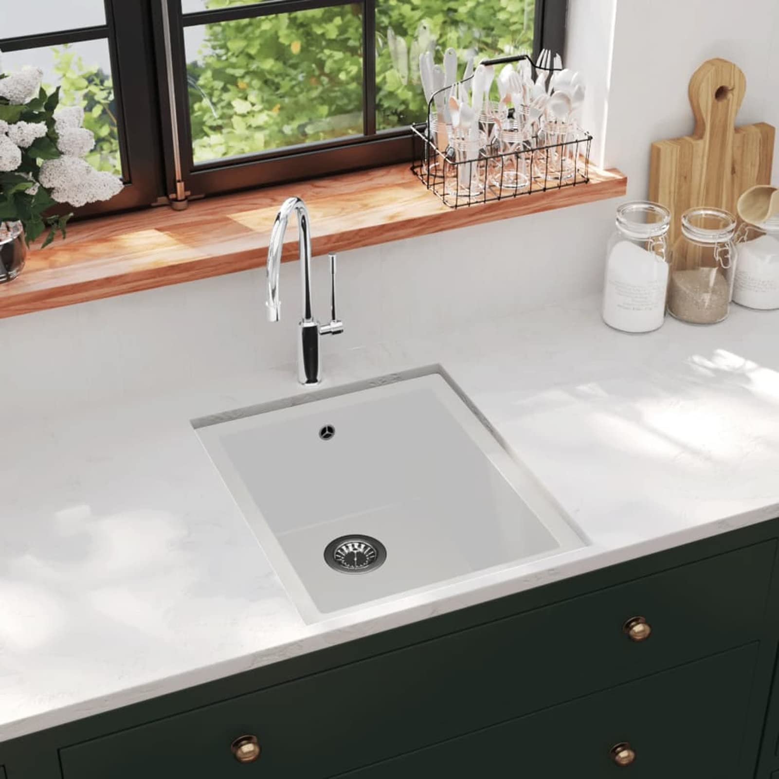 JUDYY Fregadero de Cocina con rebosadero Granito, Mueble Pila Lavadero, Pila Fregadero Cocina, Fregadero sobre Encimera, Fregadero Baño Encimera, Picas De Cocina, Blanco