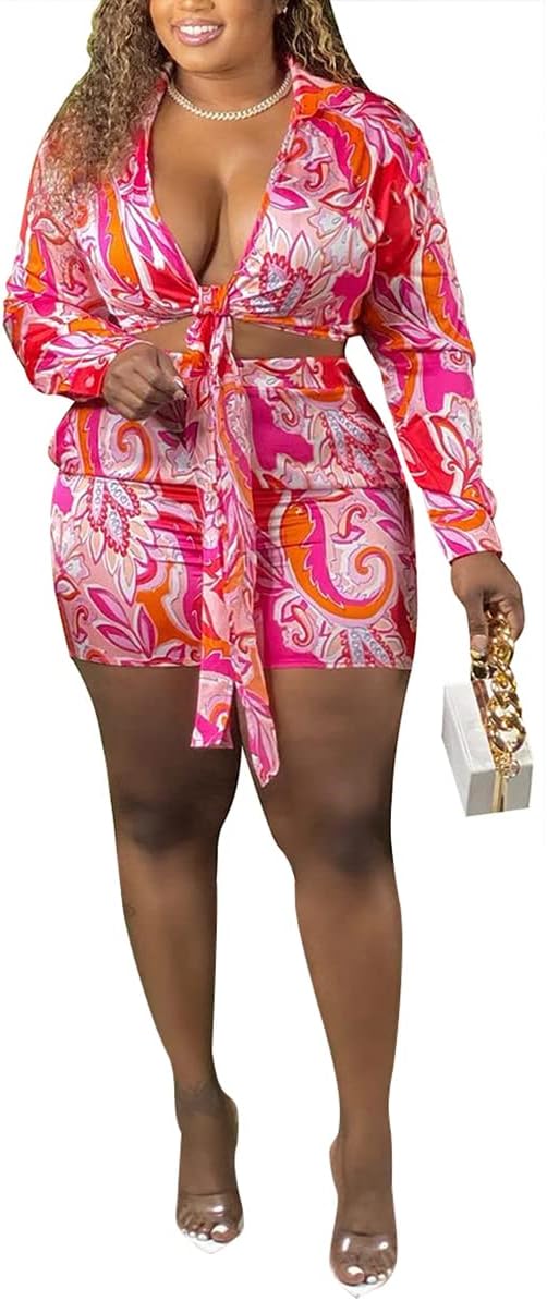 2 Piece Sexy Shorts Sets for Women Plus Size Lounge Outfits Sets Sweatsuits Tracksuit Bowknot Tie Front Crop Tops Vacation Casual Date Night - Image 2