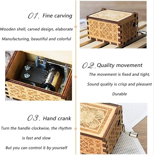 Miniatura 4 de AVEO Caja de música vintage hecha a mano con manivela de madera grabada, mecanismo de madera tallada retro, caja musical para cumpleaños, Navidad,