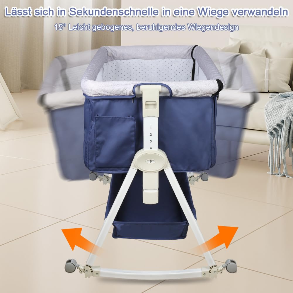 Cuna 3 en 1 de Viaje con Ruedas y colchón,Cuna colecho pórtatil Regulable en Altura a 5 velocidades, Cuna con Bolsillo Lateral de Transporte, para Bebés de 0-5 Meses (95x50x98 - 110cm (azul azafrán))