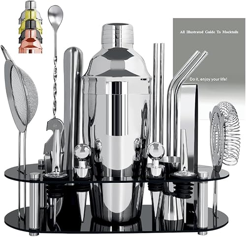 Juego de coctelera con soporte, juego de herramientas de barra de 16 piezas, juego de mezclador de bebidas, incluye coctelera de 25 onzas, jigger,