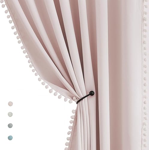 Treatmentex Cortinas Semi-Opacas Rosadas de 54" Paneles de Cortinas con Pompones Rosados para Cuarto de Guardería Cortinas Térmicas Oscurecedoras