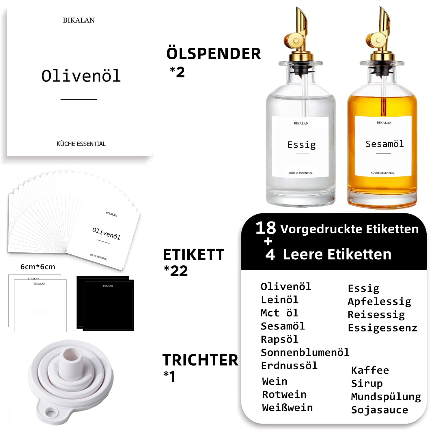 Bikalan Lot de 2 bouteilles d'huile de vinaigre et d'huile pour la cuisine, bouteille d'huile d'olive, distributeur d'huile, sirop de café, rince-bouche, entonnoirs, 2 paquets d'or