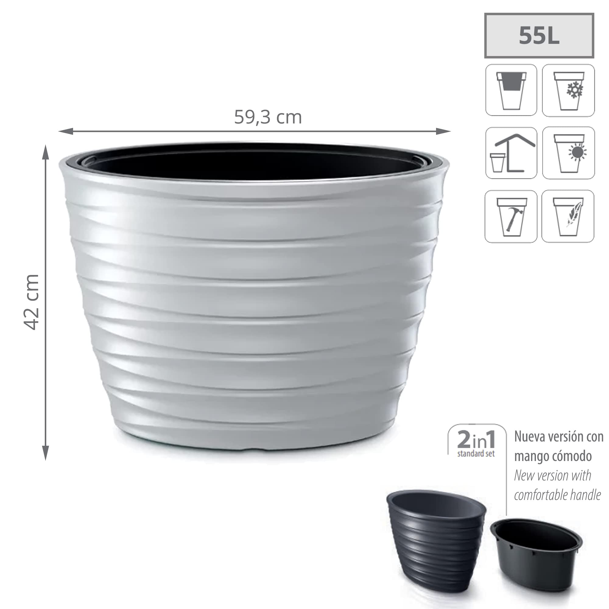 Maceta FREZE - oval 55L., Con depósito, dimensiones (mm) 593x393x420, color Blanco
