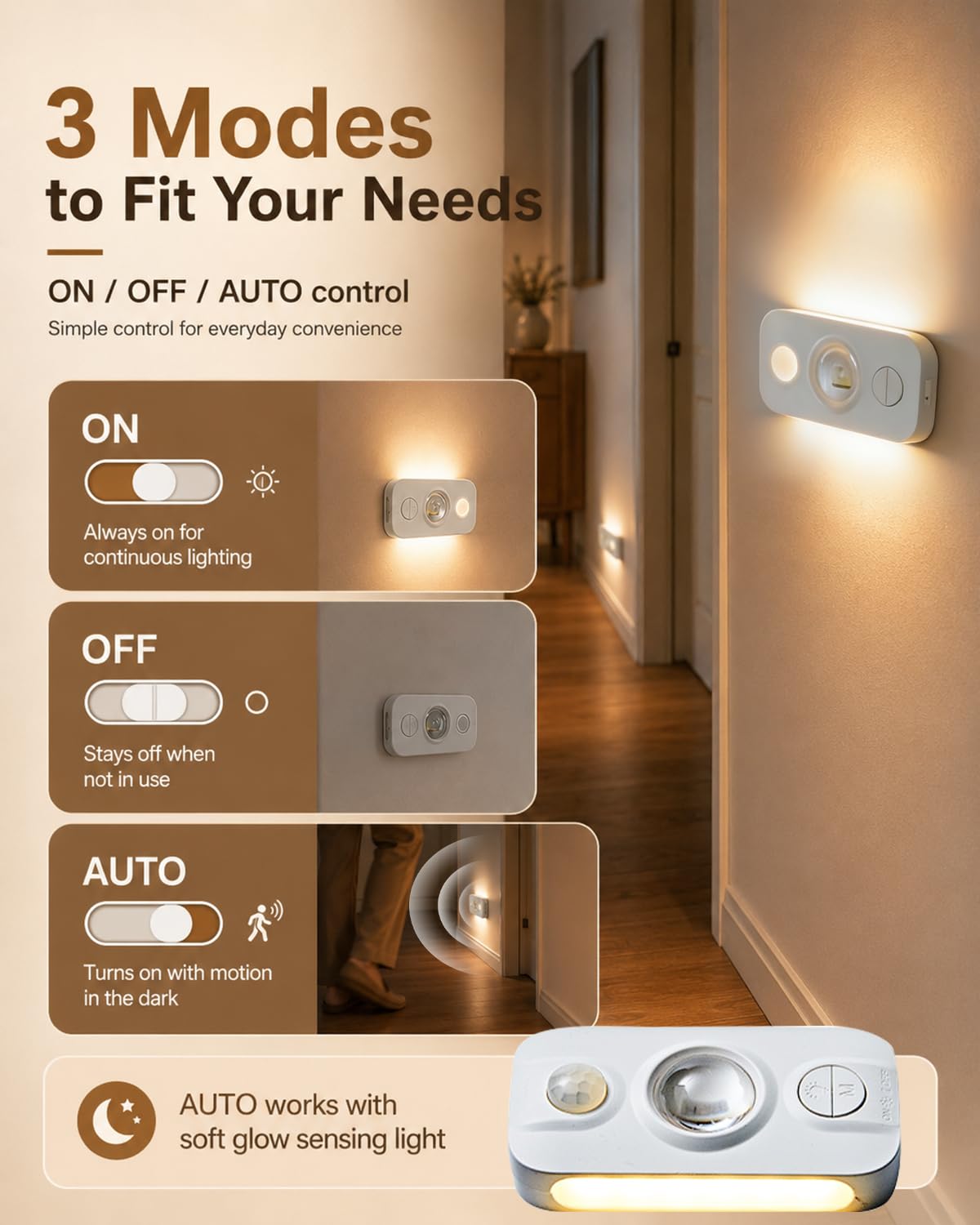 2 luces de escalera con sensor de movimiento adhesivas, luz nocturna LED blanca cálida, luces de escalera que se pegan en cualquier lugar, luz de armario, luz de pared que funciona con pilas para