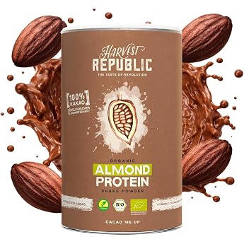 HARVEST REPUBLIC Bio Mandelprotein Pulver Schoko mit echtem Kakao 400 g veganes Proteinpulver bis zu 13 g Protein pro Portion Proteinpulver ohne Zusatzstoffe
