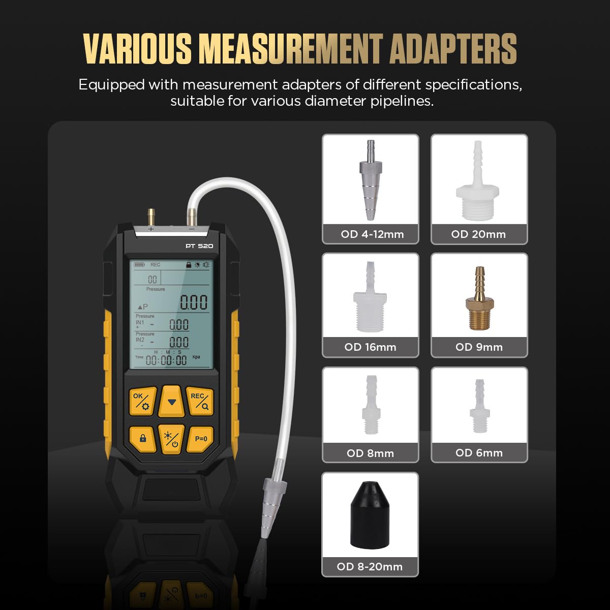 Manómetro digital PT520 Manómetros diferenciales de doble entrada Manómetro HVAC portátil con varios adaptadores, 11 mediciones, 29 capacidad de almacenamiento -100~200Kpa Pantalla LCD