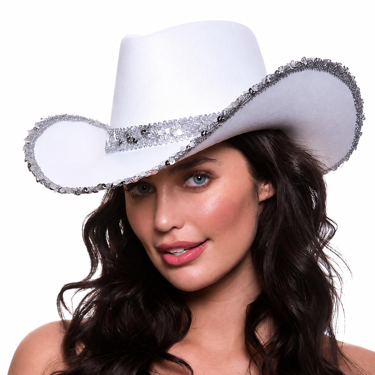 Wicked Costumes White Sequin Cowboy Hat – Adult Western Texan Fancy Dress Party Accessory for Festivals, Hen Parties, Concerts & Disco Cowgirl Outfits — image 1