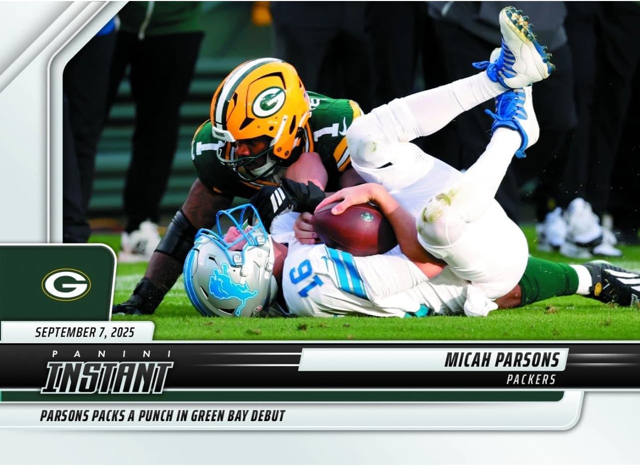 2025 Panini Instant Micah Parsons #66 - Parsons Packs a Punch in Green Bay Debut -Packers Uniform Football Trading Card- Green Bay - Each Card Stamped 1 of 642 on back. Shipped in Protective Screwdown Holder!
