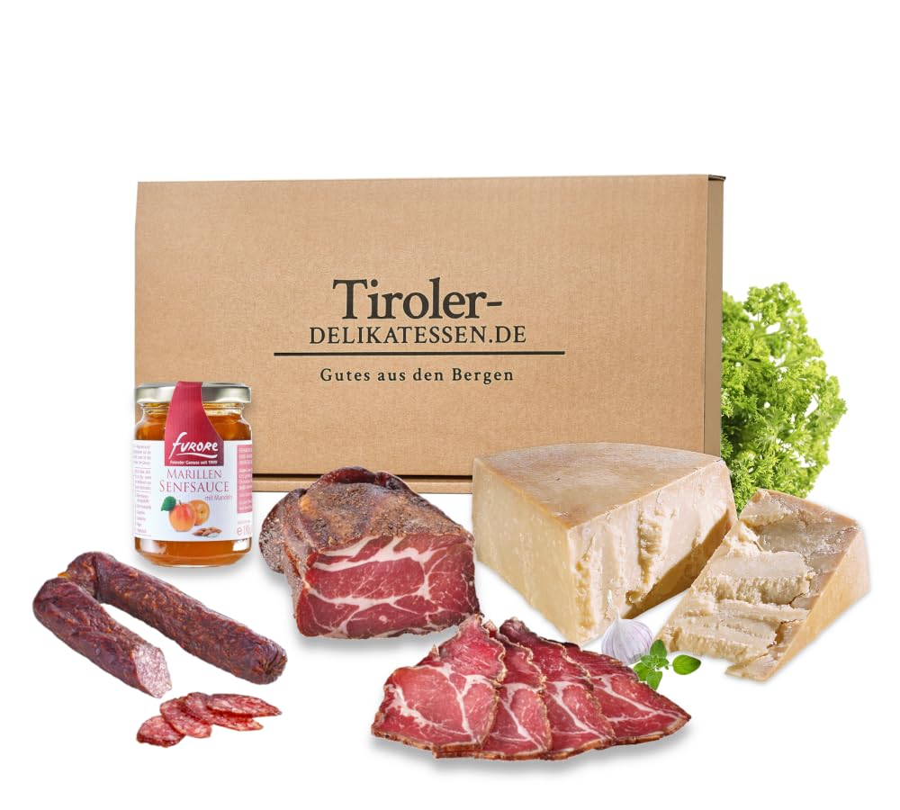 Almgourmet Geschenkset Tiroler Probierbox 700g 4 Tiroler Produkte Speck Käse Wurzen