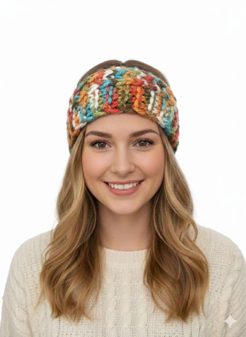 SANKESHWAR TAJ - Hand Made Winter Headband for Men & Women | Soft Hand Knitted Woolen Head Wrap | Stretchy Acrylic Ear Warmer | Unisex Kanpatti Hair Band | Skull Style Earmuff | Stylish Multicolor Hair Accessory (Rustic Rainbow)-image-5