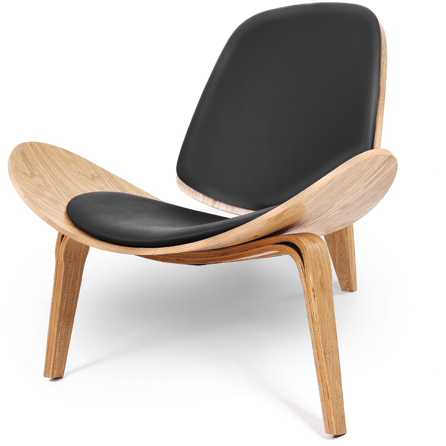 Coeuove Hans Wegner Style Three-Legged Shell Chair Ash Plywood Black Faux Leather Accent Chair Living Room Furniture Mid-Century Modern Shell Chair