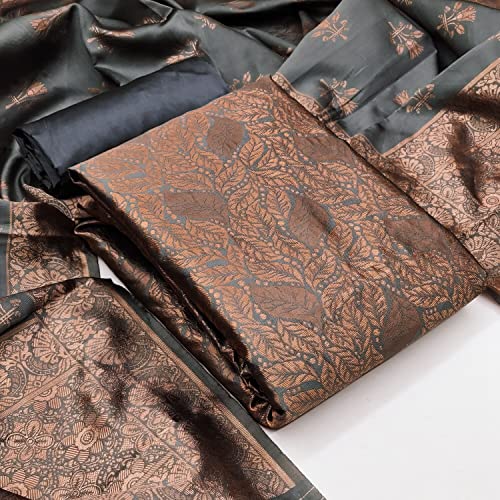 Image of Women Banarsi Silk Unstitched Suit Piece Dress Material | Unstitched Salwar Suit Dress Fabric for Women with Zari Dupatta Set (Suit-2M, Salwar-2M, Dupatta-2.25M) - Grey