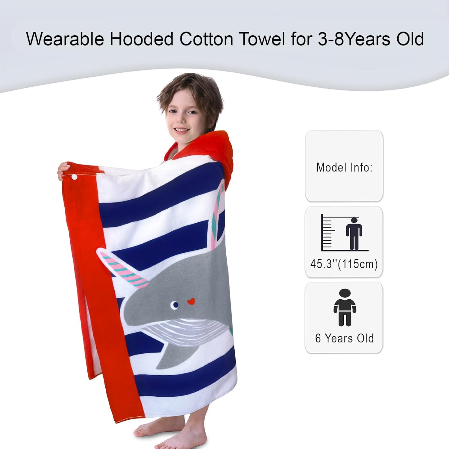 VOOVA & MOVAS Hooded Beach Towel for Kids,(3-8 Years, 30''X50),Absorbent 100% Cotton Towel Wrap for Boys, Perfect for Toddler Beach, Pool, Bath, Swimming, Hula-Hooping Narwhal - Image 2