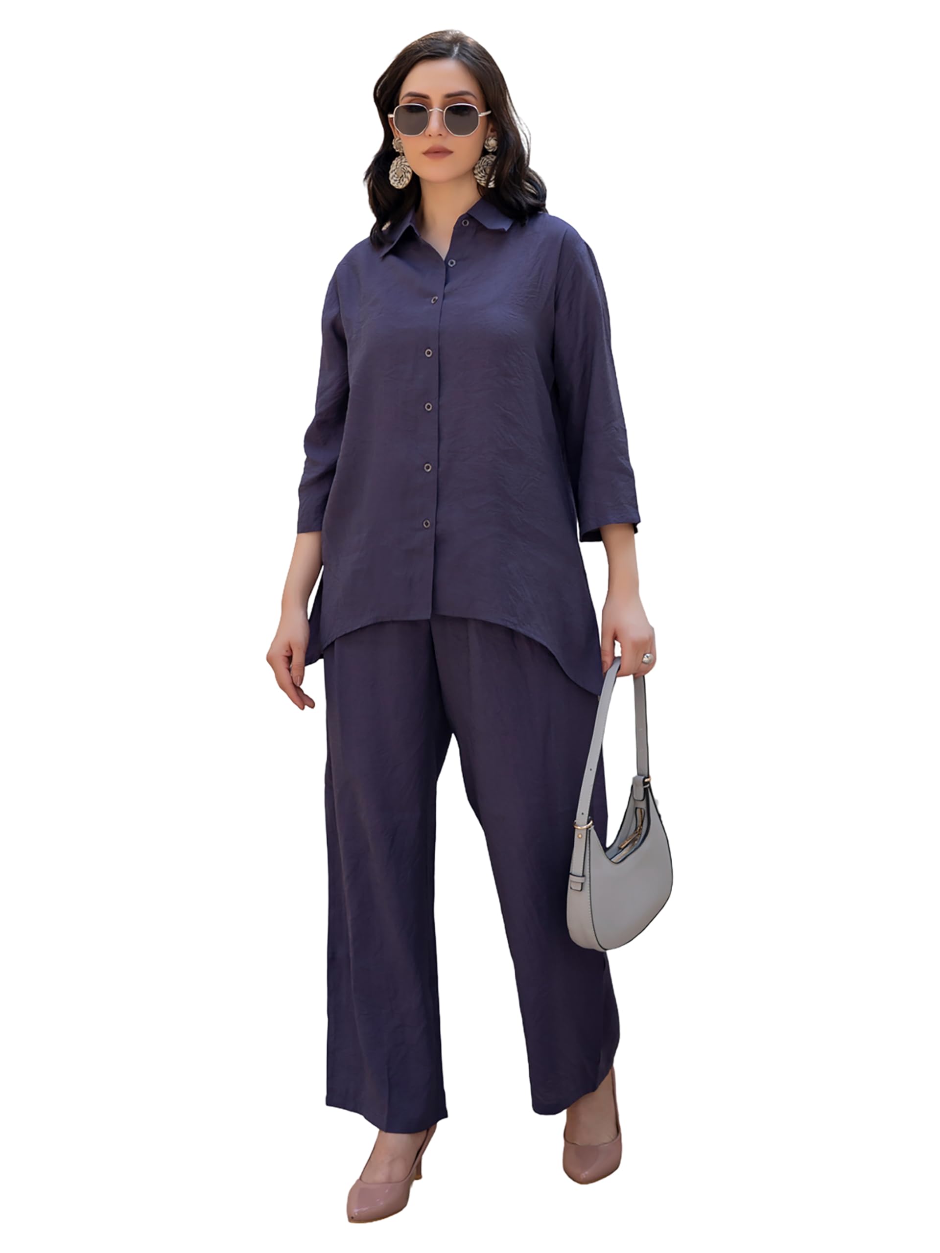 Rayon Fabric Collared Three-Quarter Sleeves Shirt & Trouser Co-Ord Set for Women | Elastic Waist Bottom | Casual Wear Relaxed Fit Outfit | Sizes - M, L, XL, XXL, 3XL-image-0