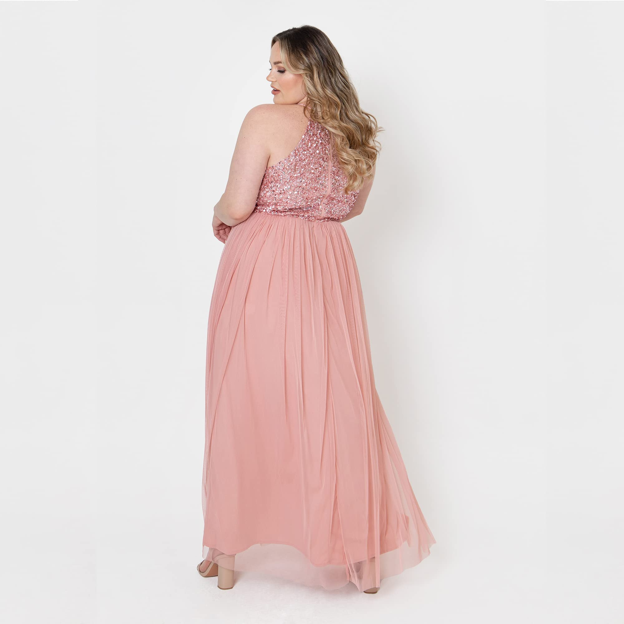 Maya Deluxe Sukienka druhny damski Maya Embellished Halter Neck Pink Maxi Dress