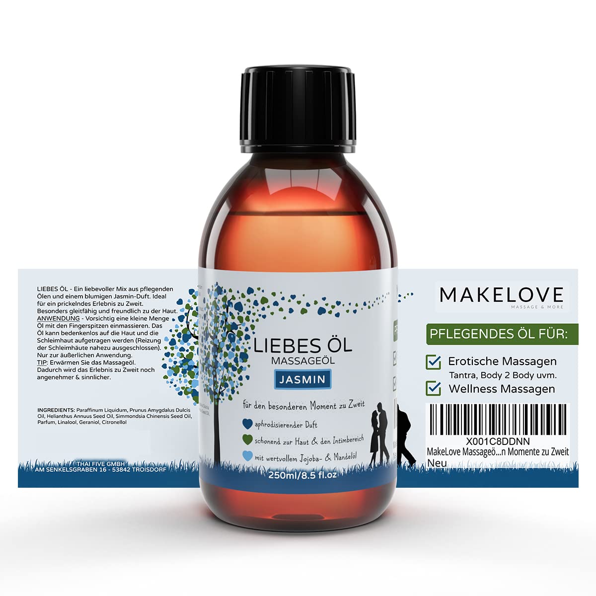 MakeLove Massageöl Set 5 x 250ml - Liebesöl für Erotische Partnermassage | Neutral, Rose, Jasmin, Ylang Ylang & Kokos. Hautfreundliches Erotik-Öl sowie Gleitöl zur Tantra-Anwendung zu zweit
