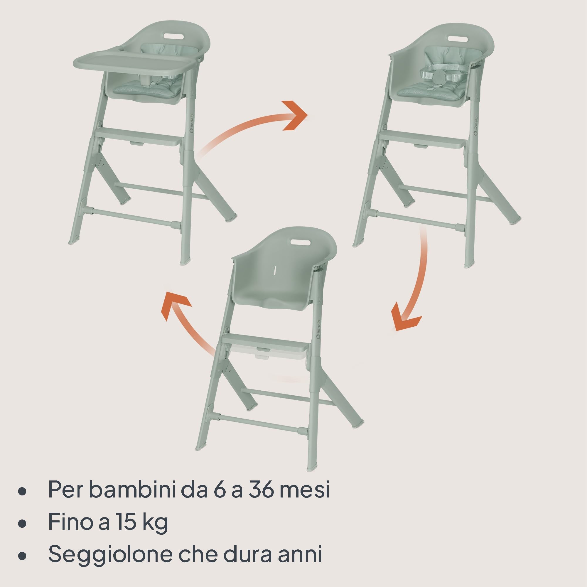 Lionelo BENY Seggiolone Pappa 6 mesi - 3 Anni Vassoio Scorrevole 2 Posizioni, Seggiolone Evolutivo con Poggiapiedi Regolabile con una Mano, Cinture 3 Punti, Facile da Pulire, Cuscino Lavabile
