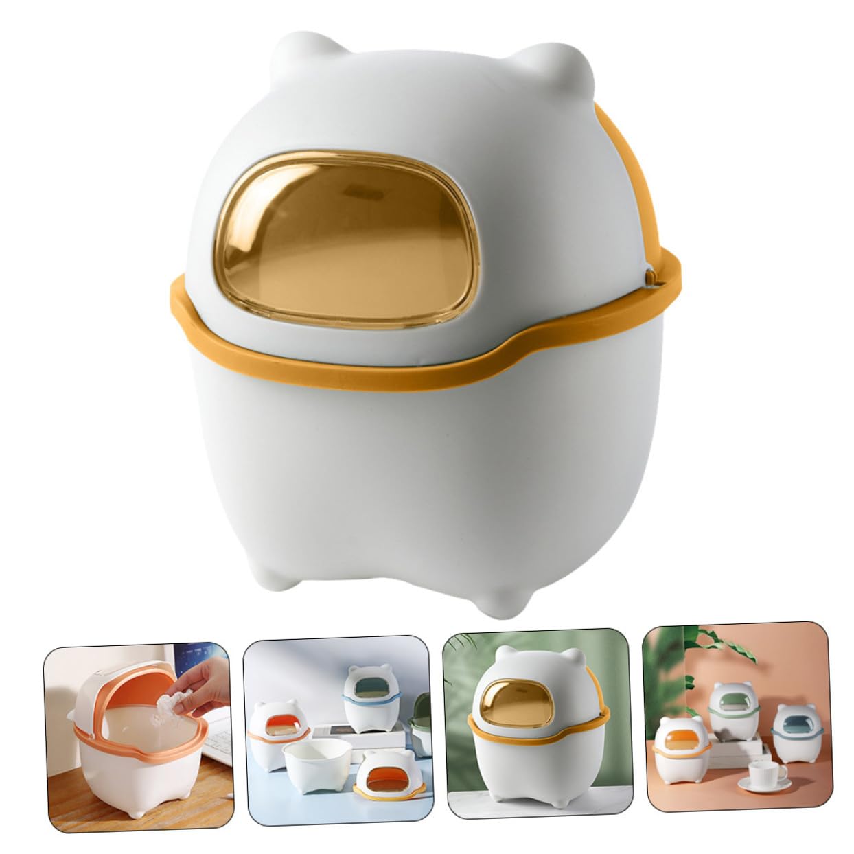 Cartoon Bear Desktop Trash Can with Lid, Small Plastic Storage Bin