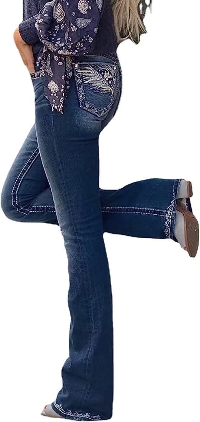 Bootcut Jeans for Women,Stretchy Feather Flower Embroidery Mid Rise Slim Straight Leg Pants Jeans - Image 2