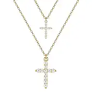 Gold Plated Cross Necklace Women Dainty Layered Cubic Zirconia Cross Pendant Necklaces, Adjustable Christian Jewelry Stackable Religious Necklaces Rose Flower Butterfly Pendan Necklace Gift for Women